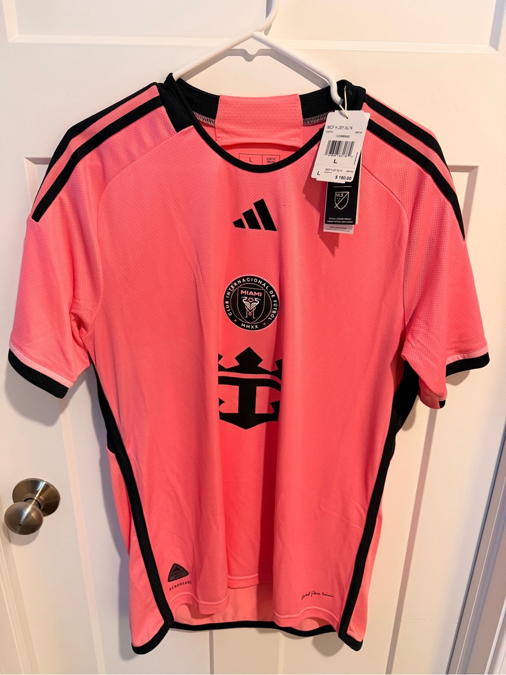 adidas Messi Pink Inter Miami CF Short-Sleeve Soccer Jersey with Black Trim
